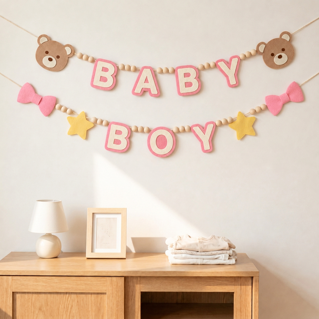 Pink BABY BOY felt garland displayed on a nursery wall