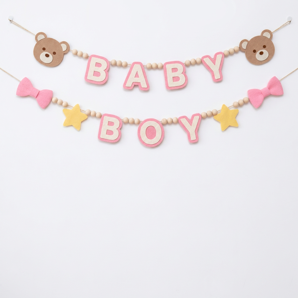 Pink BABY BOY felt garland with teddy bear faces, bows and stars