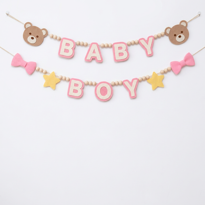 Pink BABY BOY felt garland with teddy bear faces, bows and stars