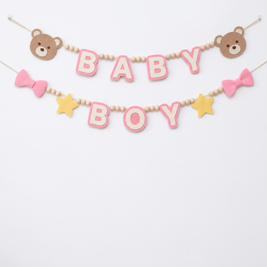Pink BABY BOY felt garland with teddy bear faces, bows and stars