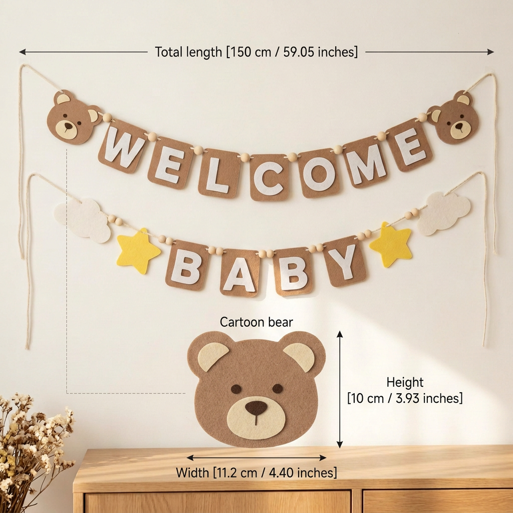 WELCOME BABY felt garland size guide in centimetres and inches