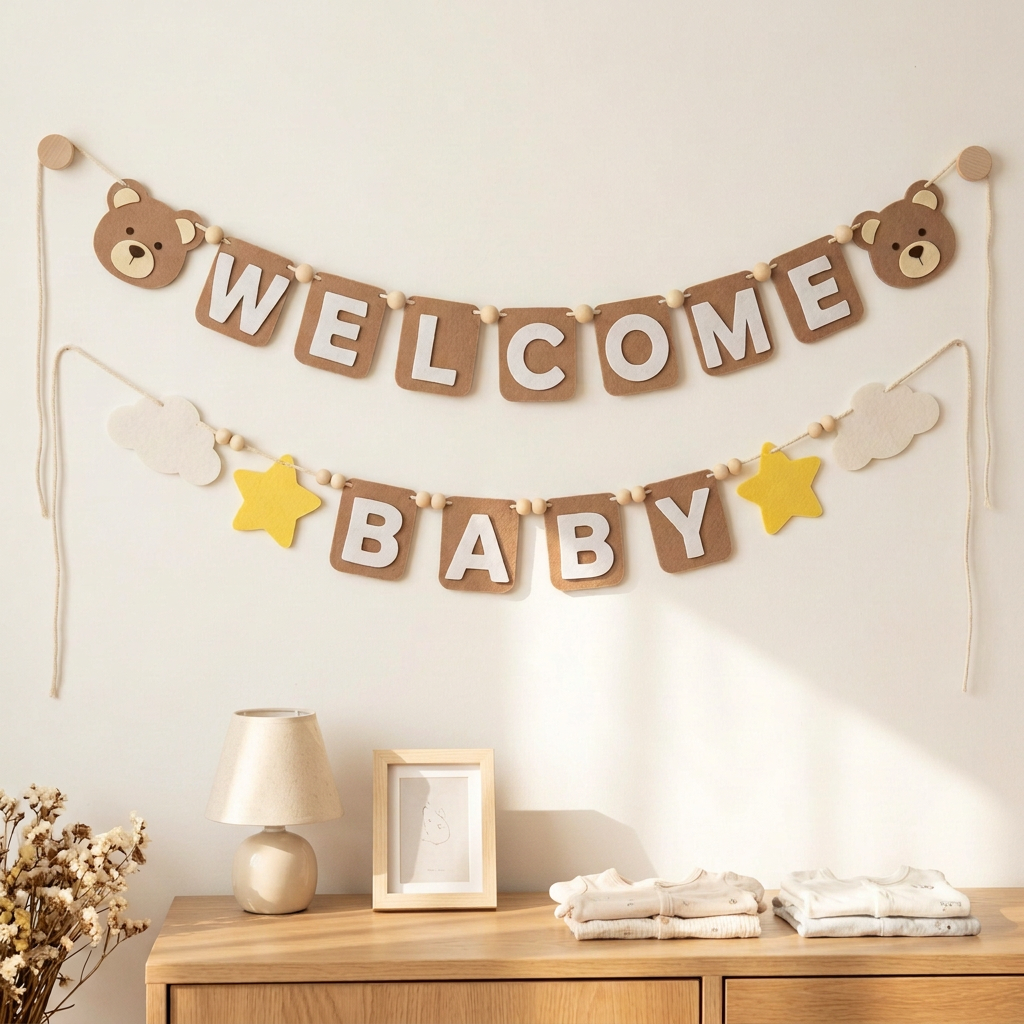 Tan WELCOME BABY felt garland displayed on a nursery wall