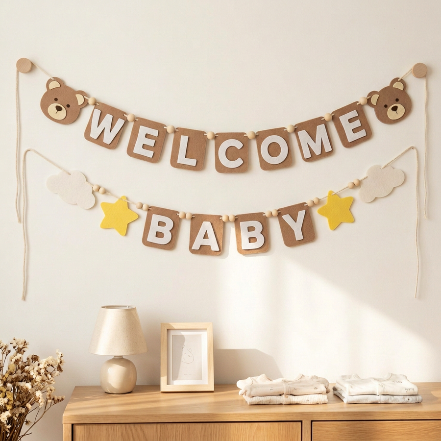 Tan WELCOME BABY felt garland displayed on a nursery wall