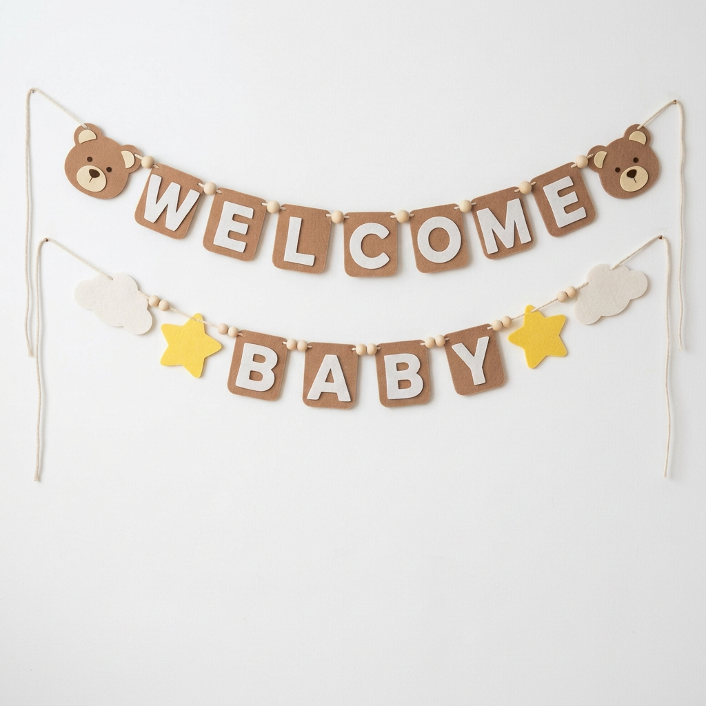 Tan WELCOME BABY felt garland with teddy bear faces, clouds and yellow stars