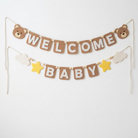 Tan WELCOME BABY felt garland with teddy bear faces, clouds and yellow stars