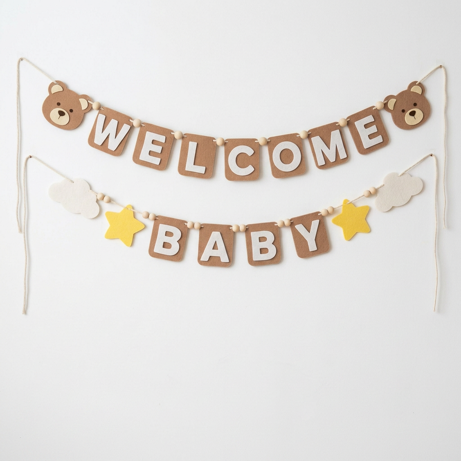 Tan WELCOME BABY felt garland with teddy bear faces, clouds and yellow stars